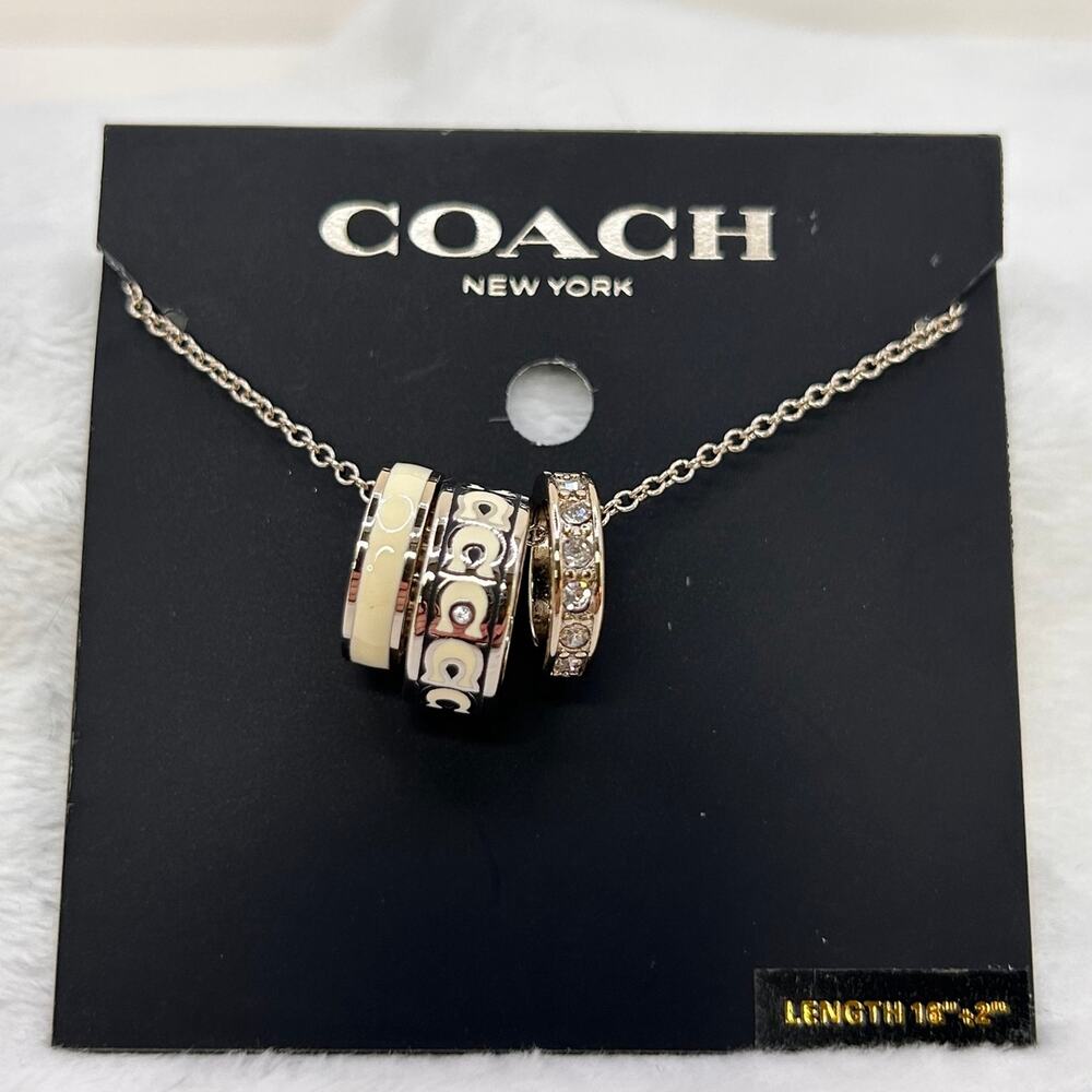 Coach Signature White Enamel Crystal Necklace Silver